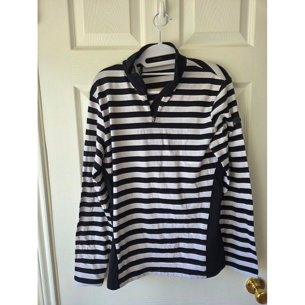 BOGNER Briana Basic Quarter Zip Sz US 14 Pullover Black White Stripes $290